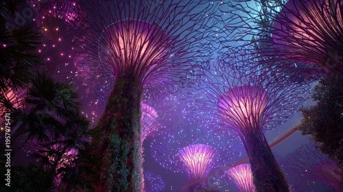 A stunning view of Singapore's futuristic Supertree Grove at Gardens by the Bay, illuminated with magical purple lights against the night sky.