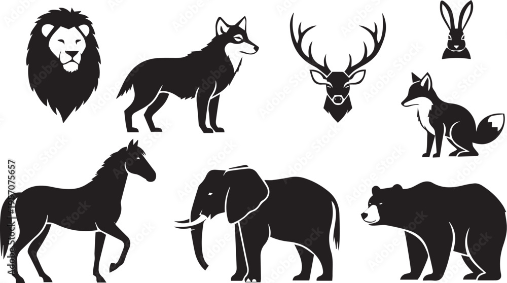 Naklejka premium Wild animals silhouettes collection set with horse deer goat dog and other animals vector illustration