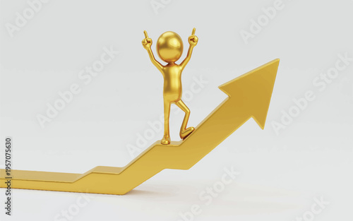 Golden human figure standing on rising arrow chart pointing up with two fingers