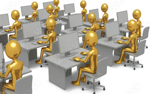 Golden humanoid figures sitting at computer desks in a classroom or office setting with multiple monitors and keyboards  people working on computers