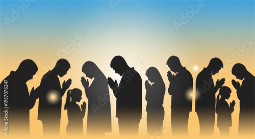 Diverse family silhouettes praying together at sunset with warm orange blue background