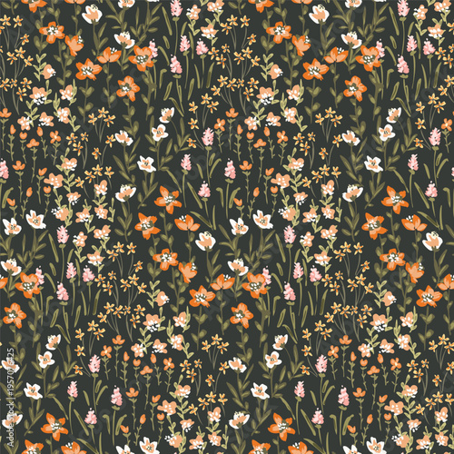 Cute hand painted colorful ditsy florals as a maximalist millefleurs garden design in colors of orange, yellow, white, pink and green on black. Botanical seamless vector pattern. Great for home decor.