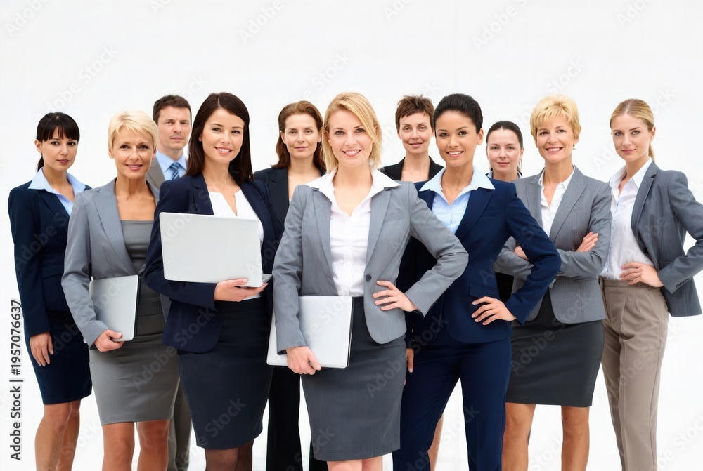 Obraz premium Professional Businesswomen in Formal Attire Posing Confidently in Bright Office Environment with Laptops and Documents