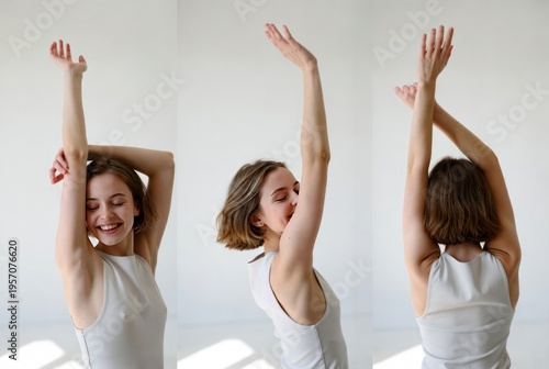 Joyful Young Woman with Short Hair Posing Gracefully in Bright Studio Light
