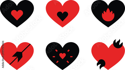 A diverse collection of stylized heart icons, featuring various designs and themes, presented in a clean, graphic style suitable for digital or print applications