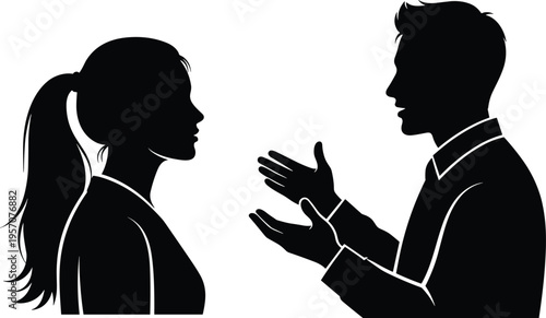 Silhouette of man and woman talking, male and female figures in conversation for communication, relationship, business meeting, and social interaction.