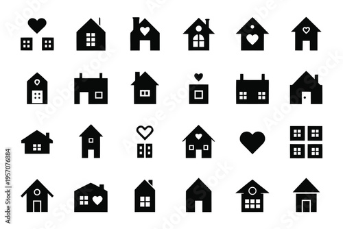 Collection of minimalist black silhouette house icons, showcasing diverse home styles and architectural designs, ideal for real estate, family, community, and dwelling concepts