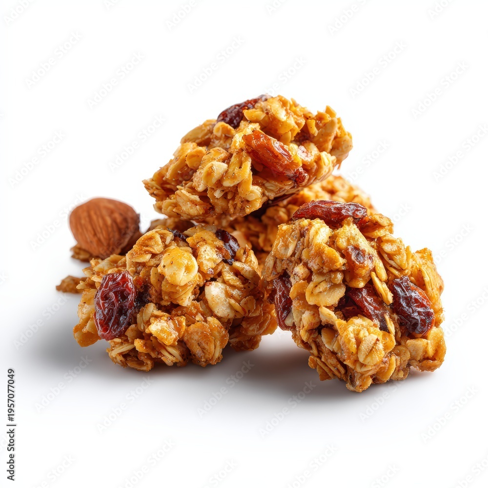 Obraz premium Healthy homemade granola bites with rolled oats, raisins, and hazelnuts. A delicious and crunchy energy snack isolated on a white background.