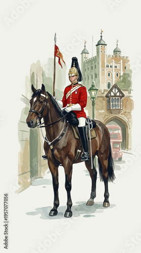 Watercolor illustration of British life guard on horseback at the Tower of London. Royal horse guard in red uniform with Tower of London background illustration. Traditional British cavalry soldier