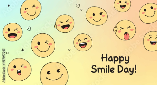 Collection of happy smiling emojis on colorful background with happy smile day text