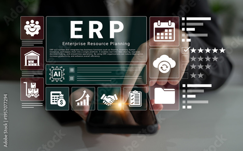 Fotografia A modern interface showcasing Enterprise Resource Planning features, emphasizing AI technology and analytics for improved business management and operational efficiency