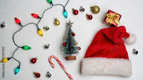 Festive Christmas Scene with Decorations, Santa Hat, Tree, Lights, Candy Cane, and Gift Box on White Background for Holiday Celebrations