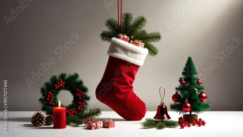 Festive Christmas Stocking Surrounded by Evergreen Arrangements, Candle, Christmas Tree, and Gifts on Elegant Holiday Background