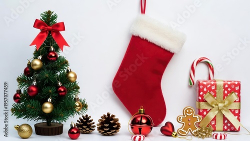 Cozy Christmas Decoration with Tree, Red Stocking, Presents, Gingerbread Cookie, and Festive Ornaments for a Joyful Holiday Spirit