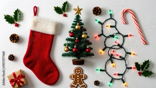 Festive Christmas Decorations with Tree, Stocking, Lights, Cookie, and Gifts on White Background