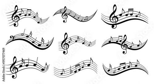 Collection of black music symbols on wavy stave lines