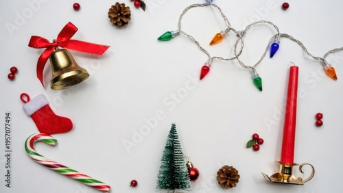 Festive Christmas Decorations with Bells, Candles, Ornaments, and Holiday Lights on a White Background for Seasonal Celebrations and Merry Moments