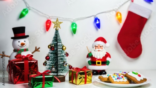 Festive Christmas Decoration Scene with Santa Claus, Snowman, Christmas Tree, Gifts, Cookies and Colorful Lights for Holiday Cheer