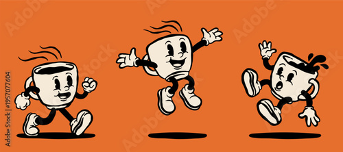vintage style coffee cup character set with cute cartoon expressions, running jumping and spilling poses, retro doodle vector illustration for cafe design