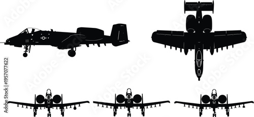 Quadro su tela Silhouettes of military A-10 fighter jets shown from top side and front views is