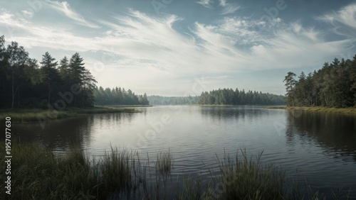 Serene Lake Landscape with Calm Water and Lush Greenery under a Clear Sky