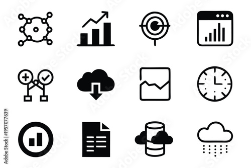 A Comprehensive Set of Business and Data Analytics Icons Featuring Charts, Graphs, Clouds, and Time Management Tools for Digital Presentations