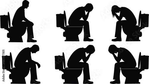Silhouettes of people sitting on toilet in various poses of pain or sadness isolated on white background for health concept
