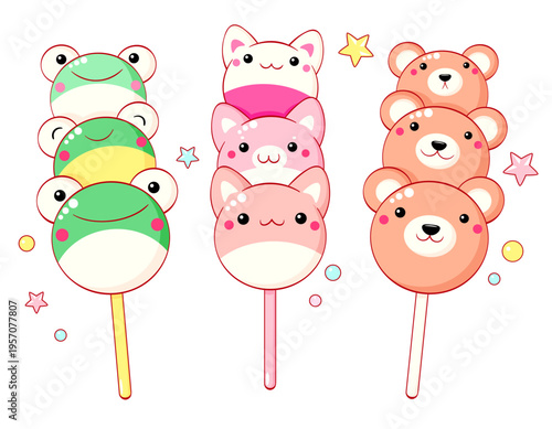 Dango with cute animal-shaped food characters with smiling face. Takeaway homemade snacks. Japanese traditional cuisine dishes. Can be used for t-shirt print, sticker, card, menu design. Vector EPS8