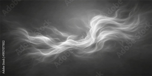 Abstract smooth blue smoke swirls in a flowing wave pattern against a dark black background, creating a misty light design of artful curves and motion
