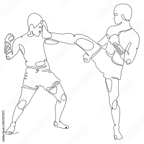 Continuous line art of Muay Thai fighters performing a powerful kick technique. Minimal vector style expressing motion and strength, ideal for prints, textiles, backgrounds, and modern design.