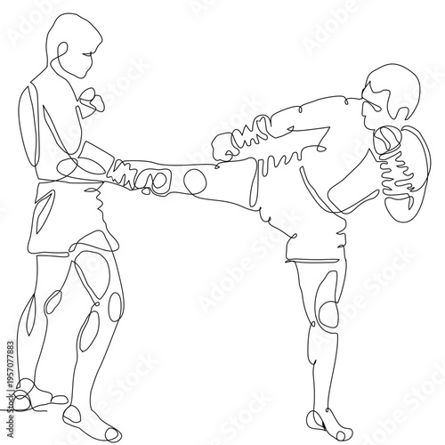 Continuous line art of Muay Thai fighters performing a powerful kick technique. Minimal vector style expressing motion and strength, ideal for prints, textiles, backgrounds, and modern design.