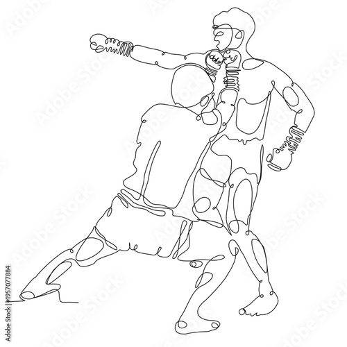 Continuous line art of Muay Thai fighters performing a powerful kick technique. Minimal vector style expressing motion and strength, ideal for prints, textiles, backgrounds, and modern design.