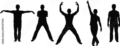 Silhouettes of men posing as human letters spelling the word taxi on white background for transportation and creative typography concept