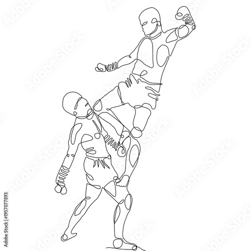 Continuous line art of Muay Thai fighters performing a powerful kick technique. Minimal vector style expressing motion and strength, ideal for prints, textiles, backgrounds, and modern design.