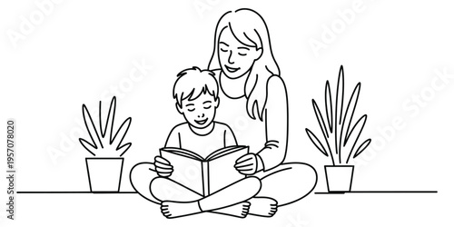 A mother and her young son sitting on the floor together while reading a book with house plants