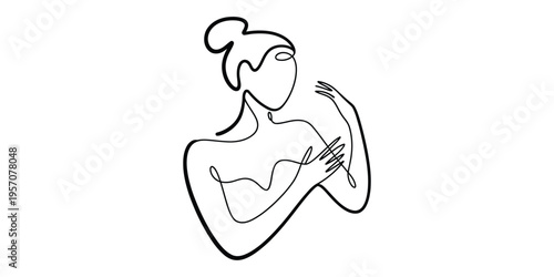 Minimalist continuous line drawing of a woman with a hair bun touching her chest and shoulder area