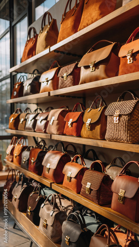 Multiple leather handbags displayed on wooden shelves in a store.