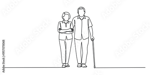 Continuous line drawing of an elderly couple standing together with one person holding a walking cane