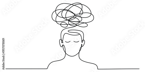 Minimalist continuous line drawing of a person with a tangled messy thought process in their mind