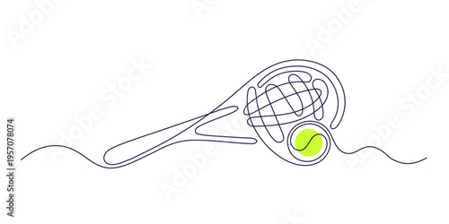 Tennis ball with racket. Single continuous line logo. Sport creative concept. Minimalist hand drawn graphic symbol and trajectory of ball. Editable vector stroke. Active doubles game