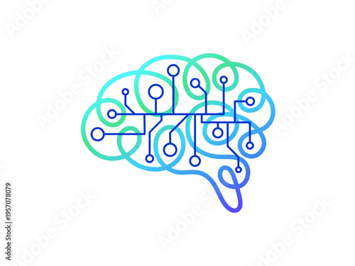 Digital brain logo with AI technology connections. Modern line art icon representing artificial intelligence, neural network and innovative mindset in abstract vector style. Vector graphic symbol
