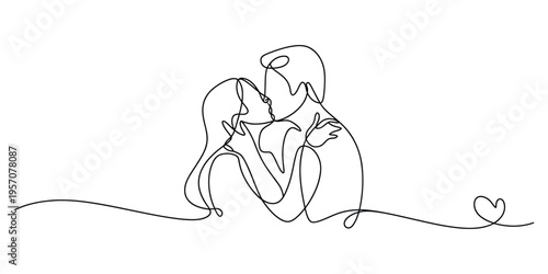 Continuous line drawing of a romantic couple sharing an intimate kiss with a small heart symbol
