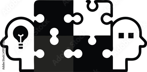 Strategic collaboration concept with human heads and interlocking black and white puzzle pieces, illustrating problem-solving, idea generation, and effective communication for mental synergy