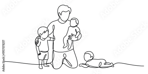 A continuous line drawing of a caring father spending quality time with his three young children