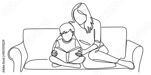 A single continuous line drawing of a mother sitting on a couch reading a book with her young son