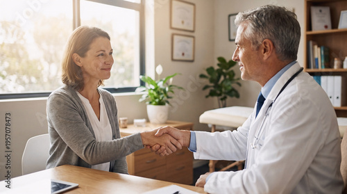Doctor and patient shake hands in office during a routine health checkup in a welcoming environment
