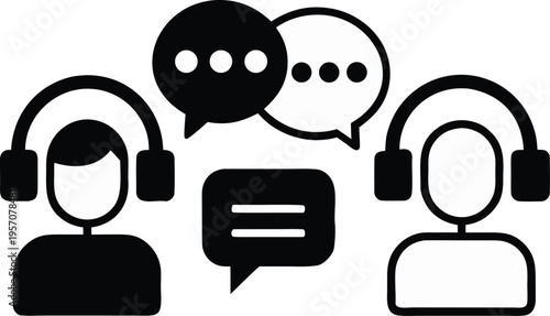 Abstract icon representing two individuals with headsets engaged in active communication, symbolizing customer service, support, or collaborative discussion