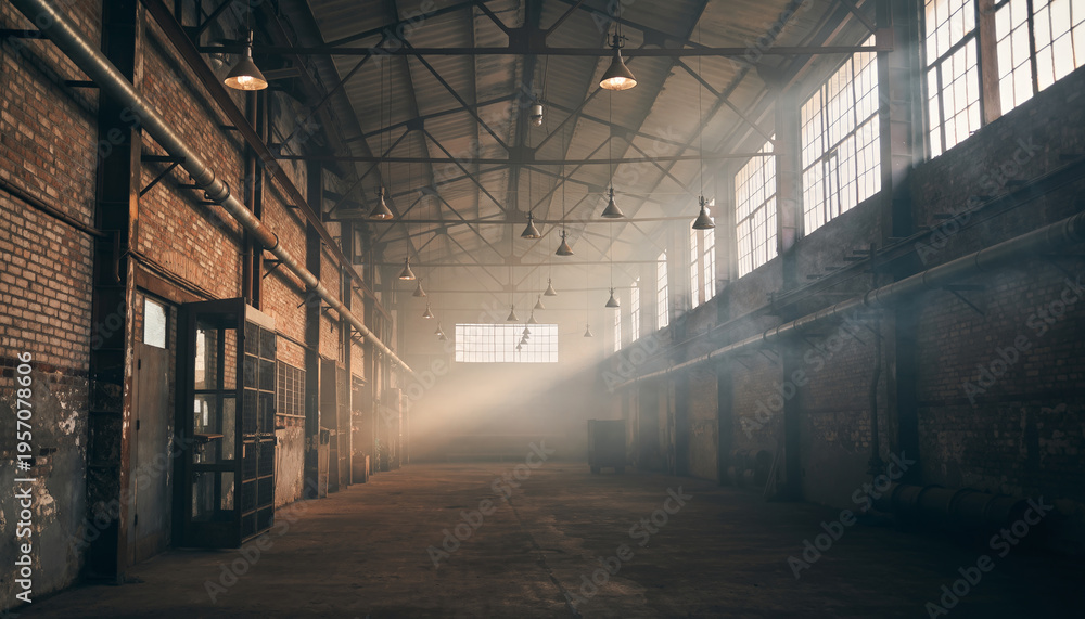 Fototapeta premium An empty industrial warehouse with large windows and sunlight streaming in.