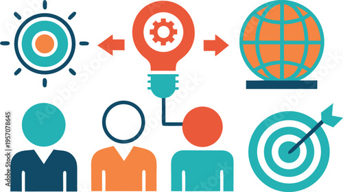 Collaboration and innovation concepts visualized with diverse icons of teamwork, ideas, and goals