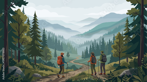 Three hikers with backpacks and trekking poles walk on a winding forest path overlooking a misty mountain valley with layered green hills.